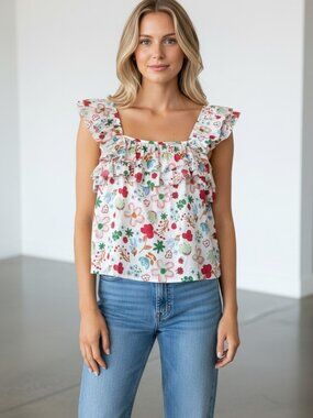Entro NWT Floral Ruffled Strap Sleeve Square Neck Cotton Top Large